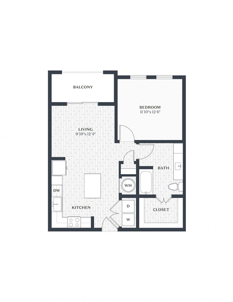 Floor plan for 1 bed, 1 bath, 708 sqft